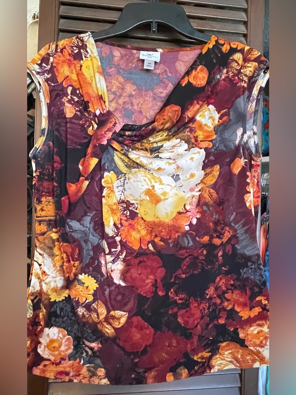 Sleeveless Cowl Neck Floral Tank Top in Burgundy and Gold
